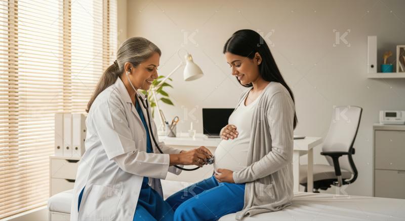 Professional doctor provides medical care to happy expectant mother.