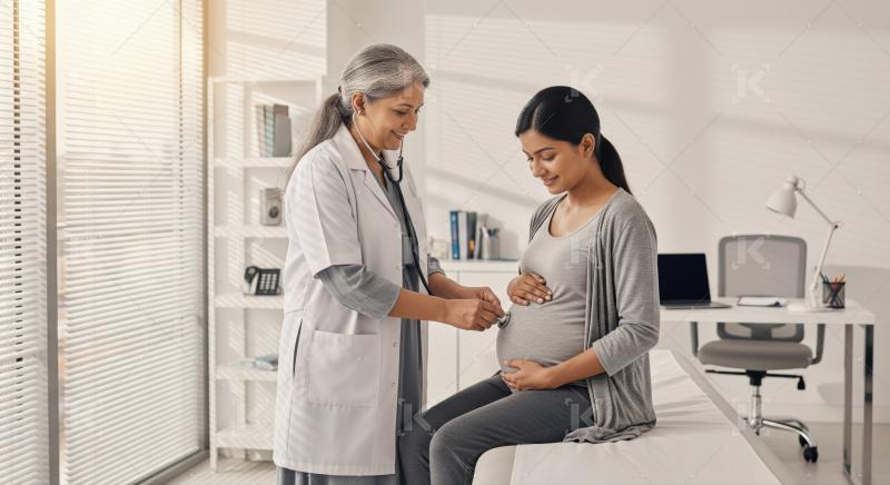 Doctor performs a prenatal checkup on a smiling pregnant woman.