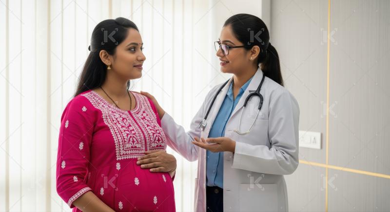 Indian doctor offers medical advice to smiling, pregnant woman.