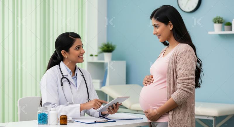 Doctor discusses health with happy pregnant woman in clinic.