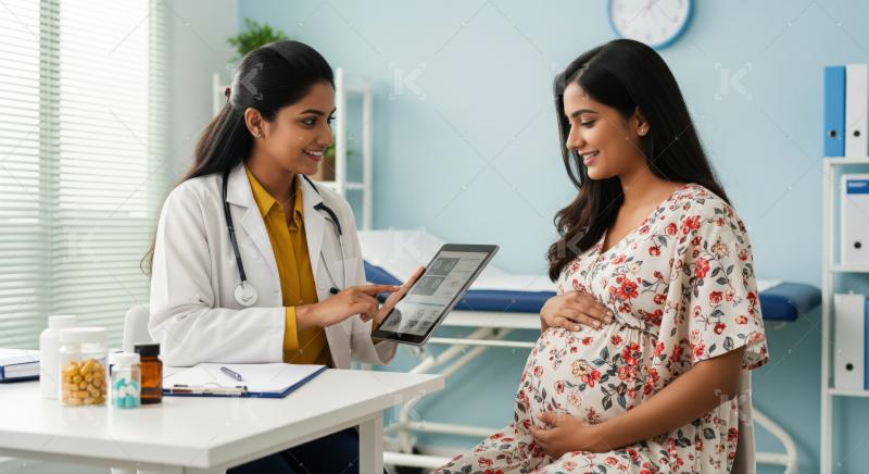 Doctor and pregnant woman discussing health results during a prenatal visit.