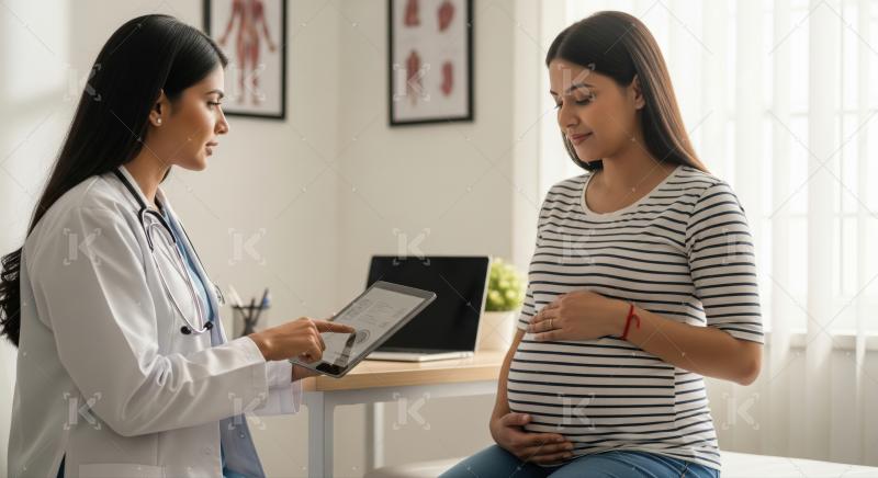 Doctor and expectant mother discuss health in a modern clinic.