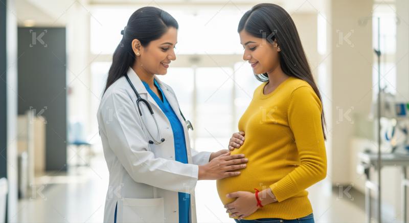 Caring doctor provides medical assistance to a happy pregnant woman.