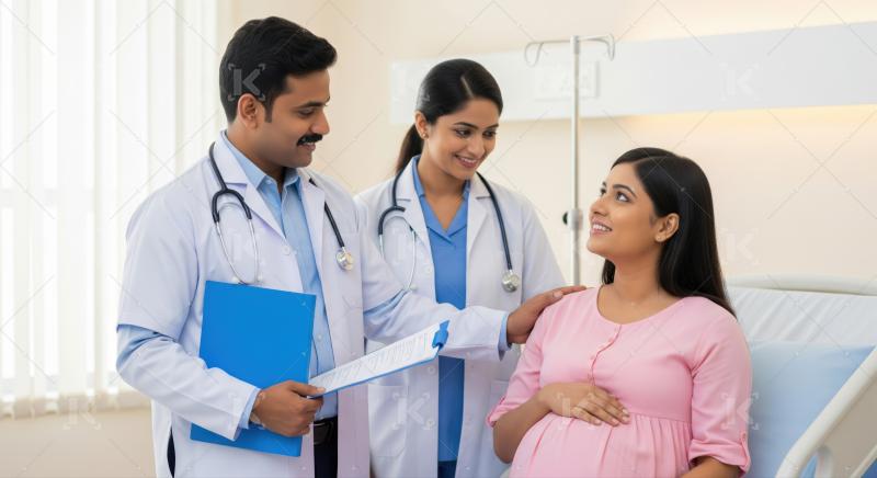 Medical team attentively consults an expectant mother during hospital visit.