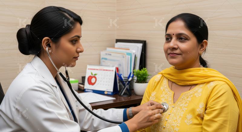 Female Indian doctor performs check-up with stethoscope on patient.