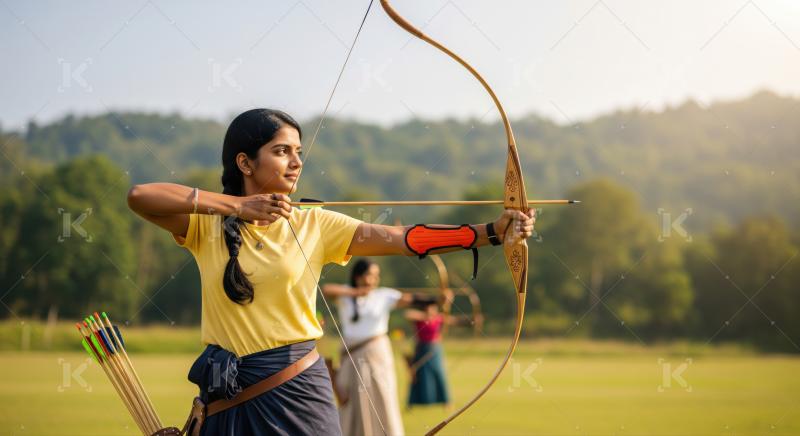 Concentrated young woman aims bow and arrow with precision