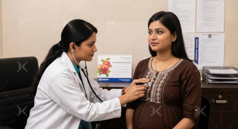 Female doctor performing check-up on expectant mother in clinic.