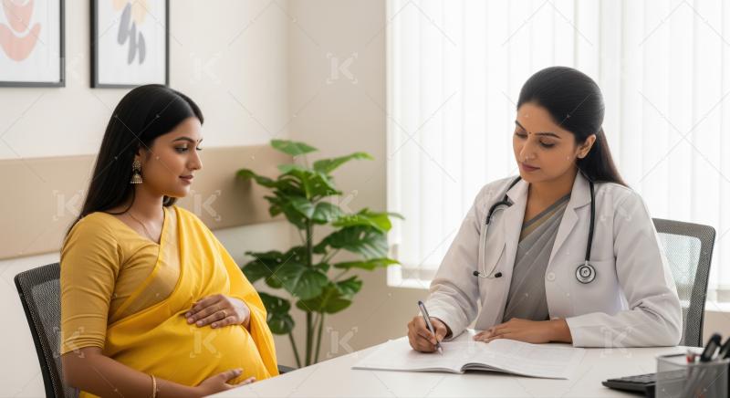 Indian doctor consults pregnant woman about her prenatal health.