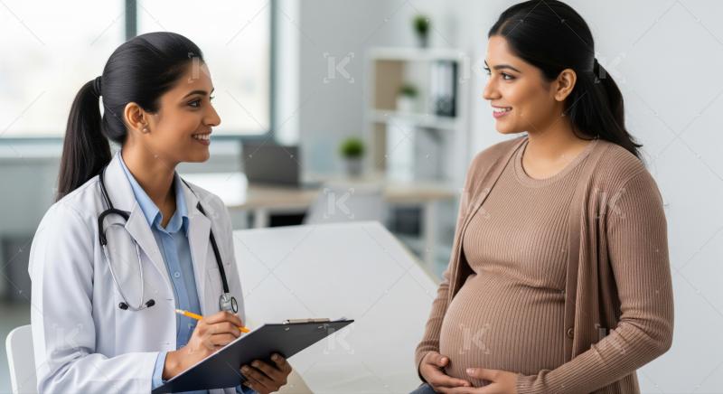 Female doctor discusses health with smiling pregnant Indian woman.