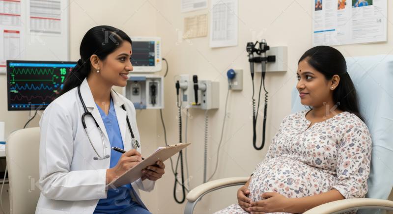 Smiling doctor provides compassionate care to a happy expectant mother.