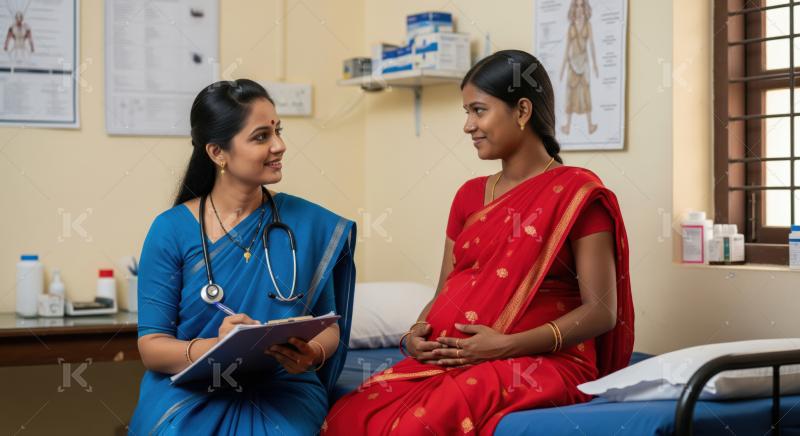 Indian doctor provides prenatal care to pregnant woman.