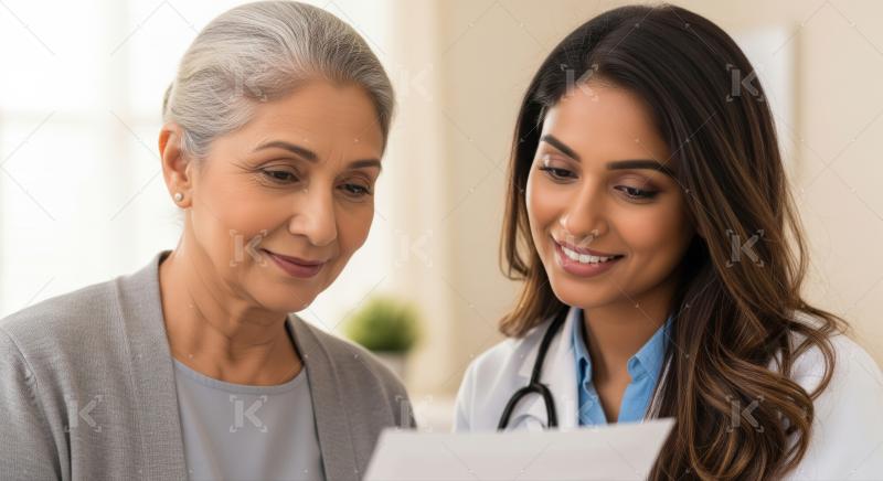 Friendly Indian doctor explains medical results to senior patient.