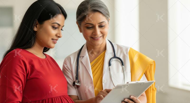 Smiling Indian doctor explains medical information to expectant mother.