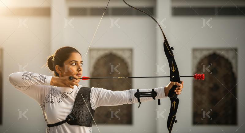 Focused female archer aiming carefully with bow and arrow