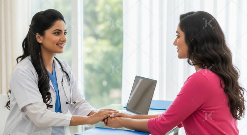 Indian doctor showing empathy and care to female patient.