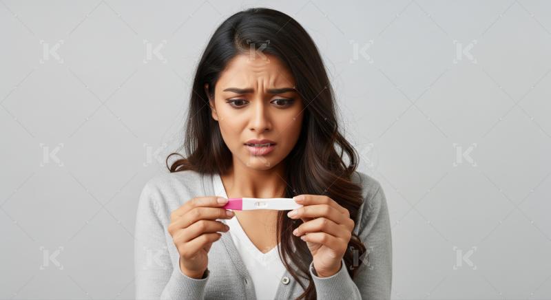 A worried young woman holds a positive pregnancy test result.
