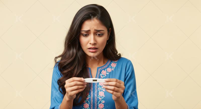 Young woman concernedly observes a digital medical test device.