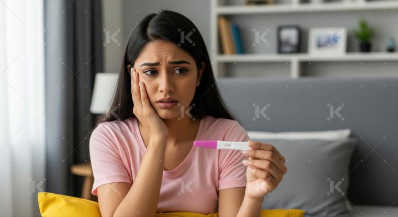 Upset young woman contemplating unexpected positive pregnancy test result.