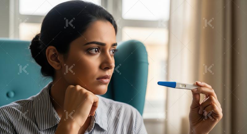 Thoughtful woman considers her positive pregnancy test results carefully.