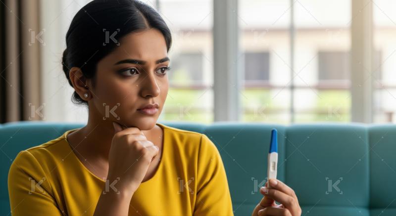 Pensive woman holds a pregnancy test, awaiting important life results.
