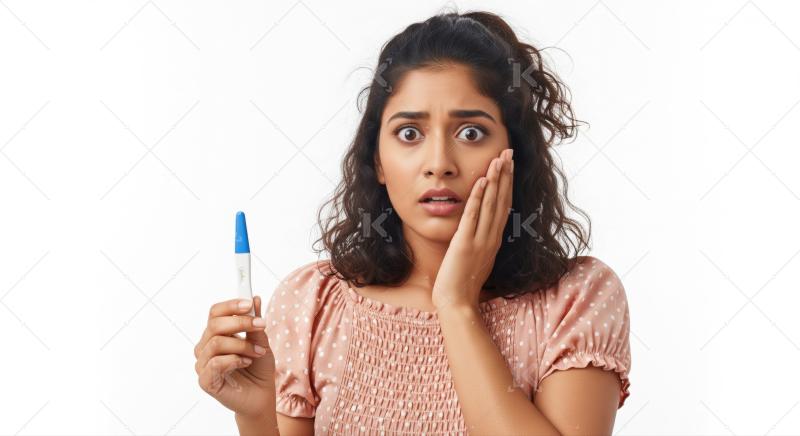 Young woman looking shocked and worried with pregnancy test.