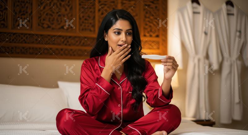 Emotional woman reacts to unexpected pregnancy test results at home.