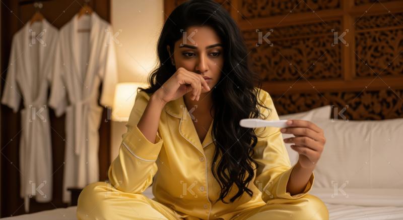 Anxious young woman holds a home pregnancy test, contemplating results.