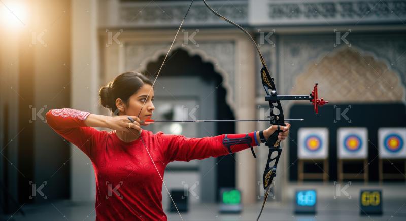 Determined young Indian woman practices archery with precision and concentration
