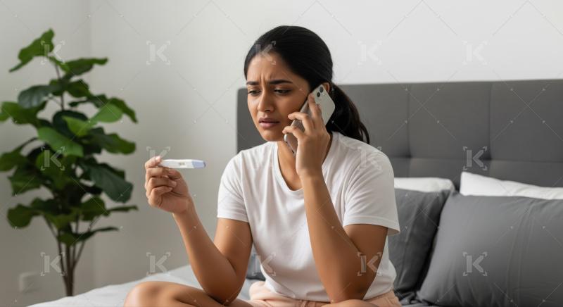 Anxious woman talks on phone, holding a positive pregnancy test.