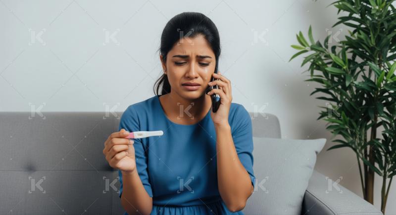 Distressed woman cries on phone after positive pregnancy test.