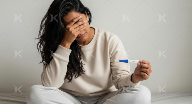 Distraught woman holding a positive pregnancy test, looking very worried.