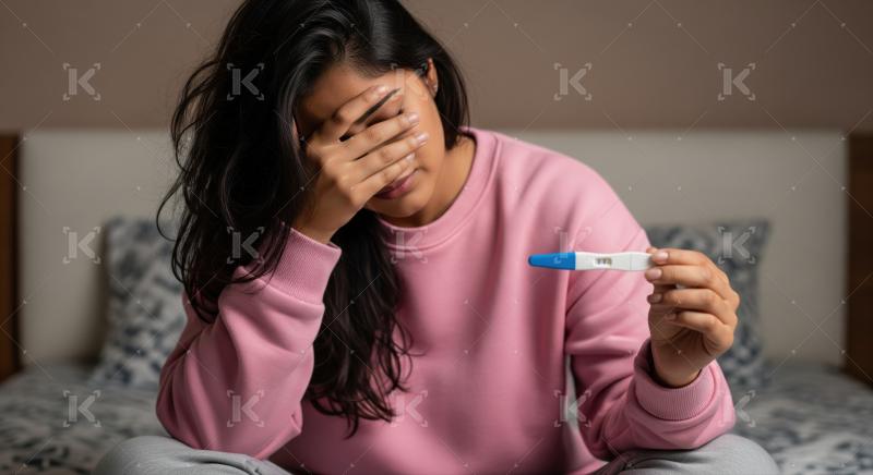 Emotional woman in despair over unexpected positive pregnancy test.