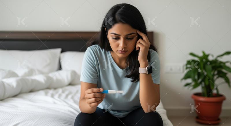 Young Indian woman holds a pregnancy test, looking concerned and pensive.