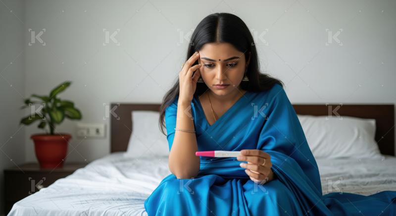 Anxious young woman contemplating unexpected pregnancy test results alone.