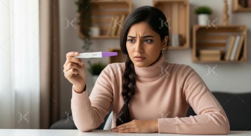 Worried young woman holds pregnancy test, facing an uncertain future.