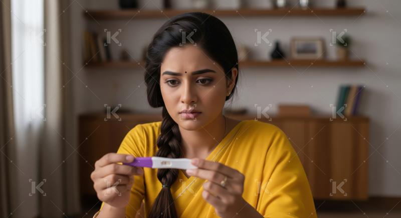 Anxious woman considers results of a home pregnancy test.