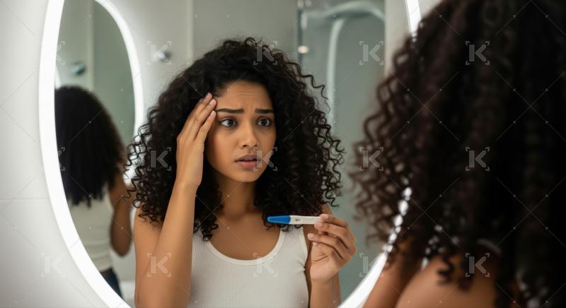 Shocked woman discovers unexpected positive pregnancy test results in mirror.