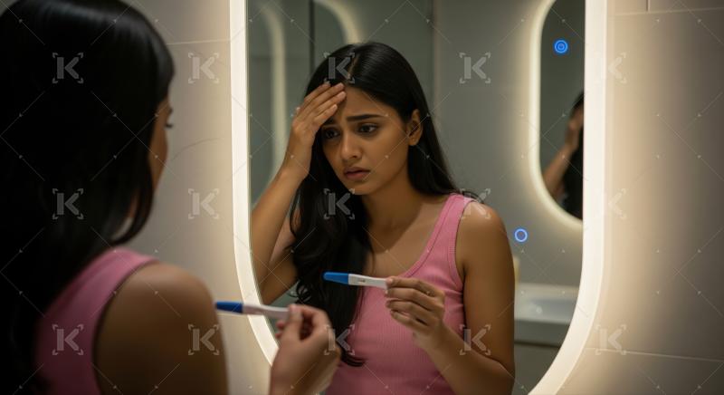 Worried young woman examines pregnancy test result reflected in mirror.