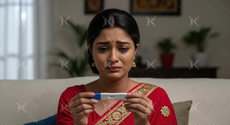 Distraught woman crying while holding a positive pregnancy test result.