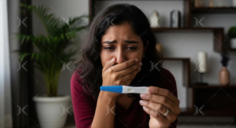 Emotional woman reacts sadly to an unexpected positive pregnancy test.