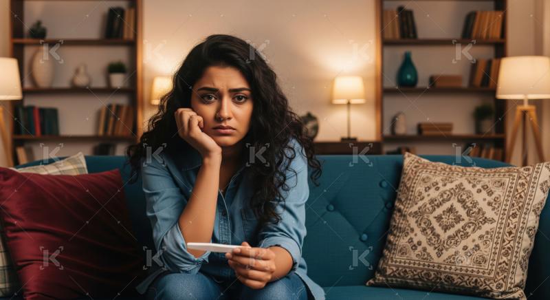 Anxious woman contemplating pregnancy test results in her living room.