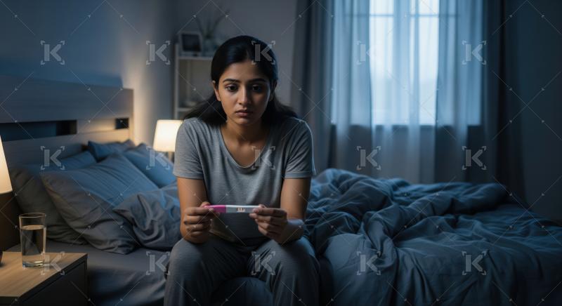 A woman looks worried after taking a pregnancy test.