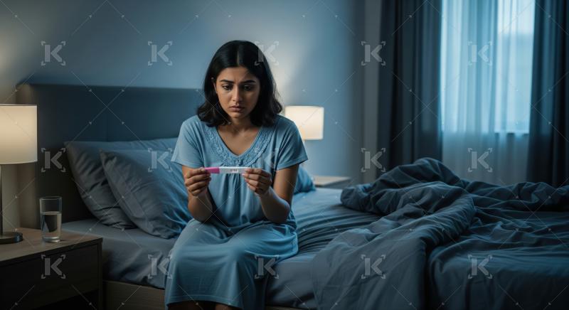 Young woman looks at positive pregnancy test with concern.