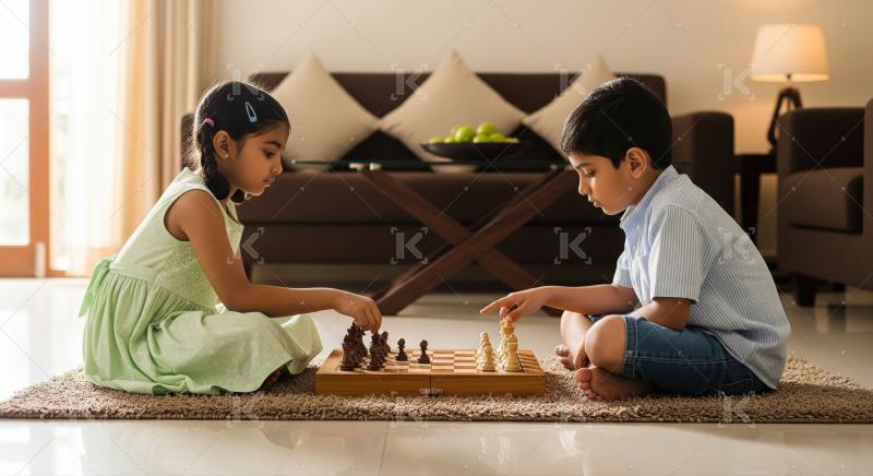 Two attentive kids playing a strategic game of chess.