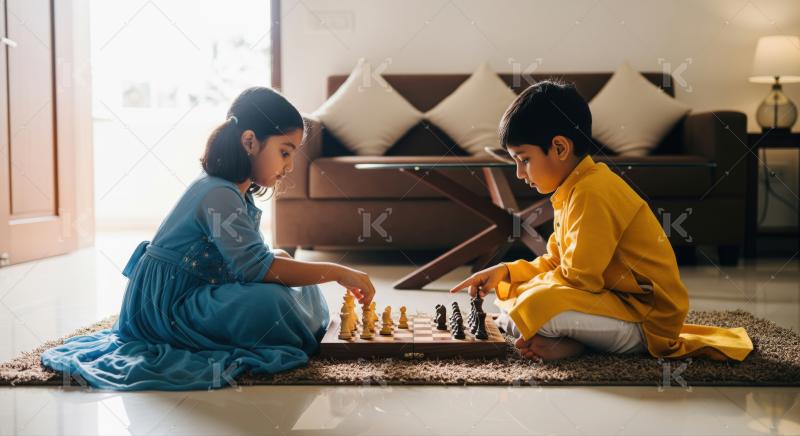 Young Indian children focused on playing a strategic chess game.