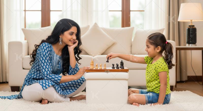 Indian mother and daughter happily bonding over a chess game.