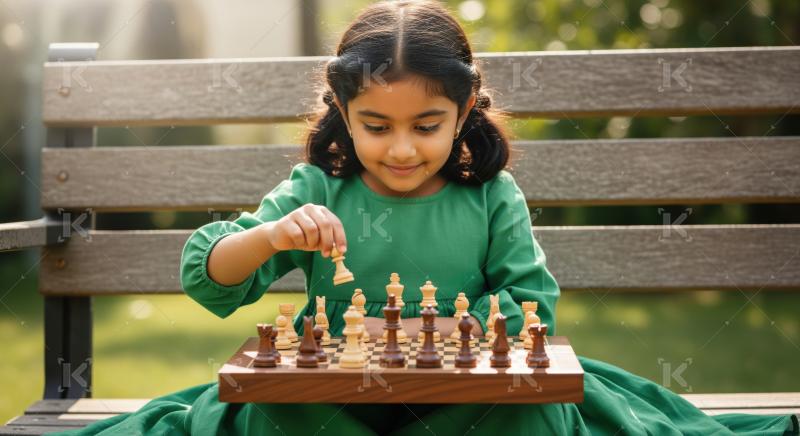Focused young girl plays chess outdoors on a sunny day.