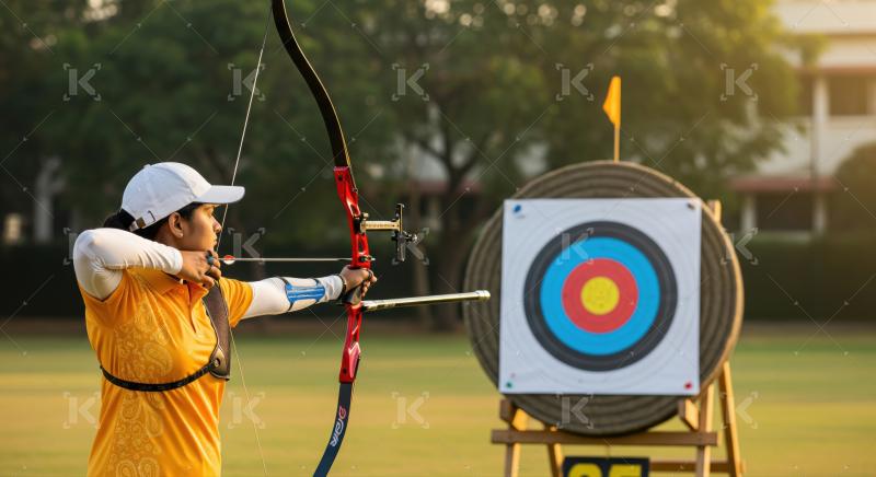 Focused archer aims for bullseye with precision on outdoor range