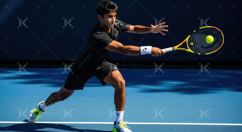 Young athlete intensely focused, hitting tennis ball on court