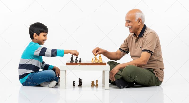 Happy grandfather and grandson bond playing chess on white studio.